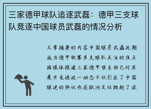 三家德甲球队追逐武磊：德甲三支球队竞逐中国球员武磊的情况分析