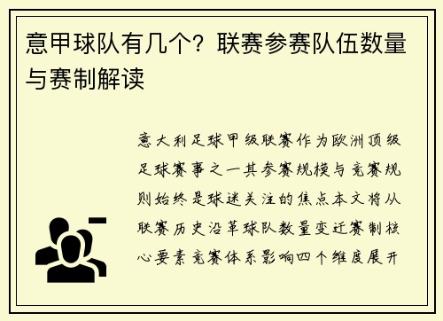 意甲球队有几个？联赛参赛队伍数量与赛制解读