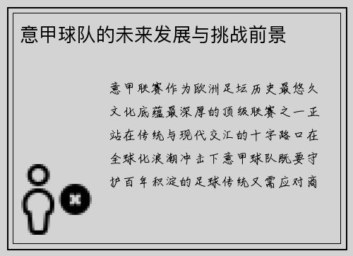 意甲球队的未来发展与挑战前景